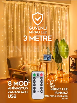 8 Modelli Kumandalı 3X3M LED Perde, Gün Işığı Renk, Sarkıt Tasarım