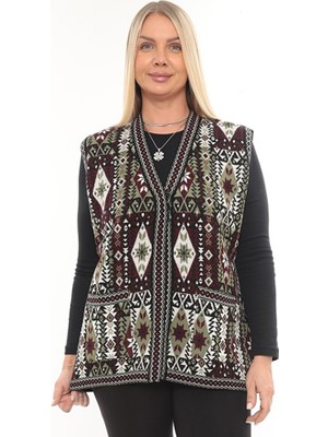 Kadın Etnik Model Triko Örgü Kilim Cepli Kışlık Kalın Anne Yelek