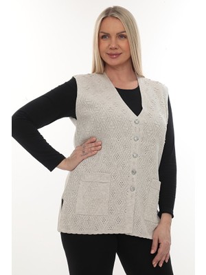 Kadın Triko Cepli Kışlık Kalın Desenli Anne Yelek