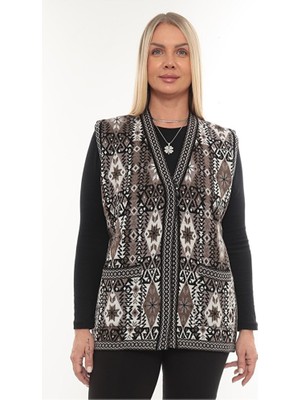 Kadın Etnik Model Triko Örgü Kilim Cepli Kışlık Kalın Anne Yelek