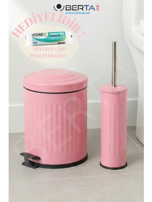 Özbience Vintage Pembe Banyo Seti, Çöp Kovası, Tuvalet Fırçası ve Mini Çöp Poşeti