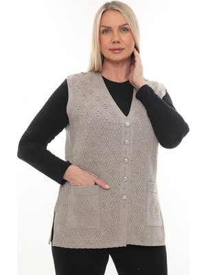 Kadın Triko Cepli Kışlık Kalın Desenli Anne Yelek
