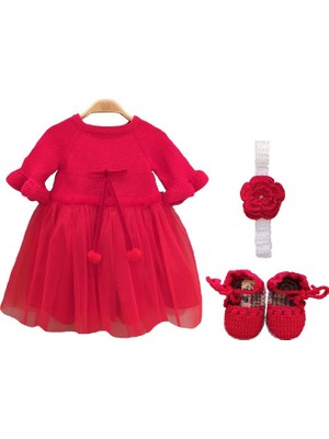 Pacco Baby El Örgüsü %100 Pamuk Kırmızı 3'lü Ponponlu Tütü Elbise Set