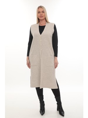 Çelik Örgü Düğmeli Cepli Triko Kışlık Kalın Uzun Anne Örgü Yelek