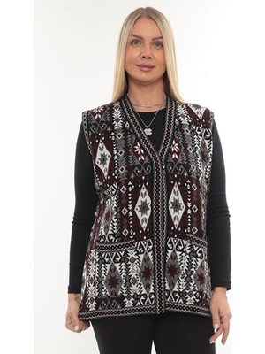Kadın Etnik Model Triko Örgü Kilim Cepli Kışlık Kalın Anne Yelek