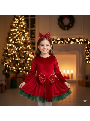 Dodomar 5–7 Yaş Kadife Kırmızı Fiyonklu Yeşil Tüllü Lüks Yılbaşı Çocuk Kostümü