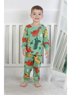 Queen Kids Queenkids Erkek Çocuk PJ-34218 Pijama Takımı Yeşil Dino