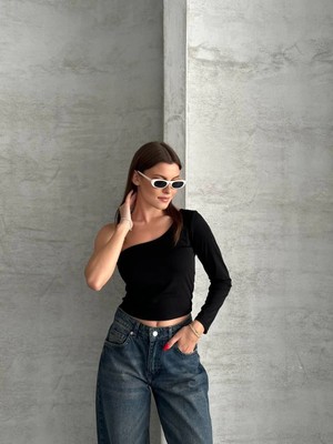 Esila Moda Kadın Siyah Tek Omuz Uzun Kollu Bluz