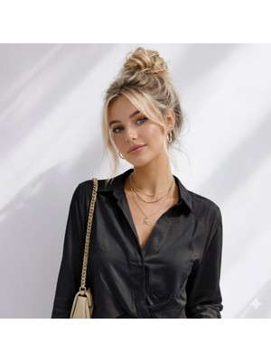 Ribana Classic Kadın Uzun Kol Kruvazr Yaka Basic Beli Lastik Detaylı Saten Crop Gömlek Bluz