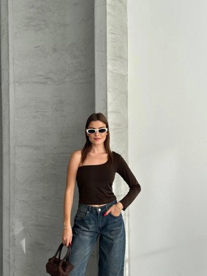 Esila Moda Kadın Kahverengi Tek Omuz Uzun Kollu Bluz