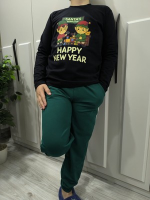 Pidal Giyim Yılbaşı Özel Happy New Year Baskılı Uzun Kollu Pamuklu Unisex Çocuk Eşofman Takımı
