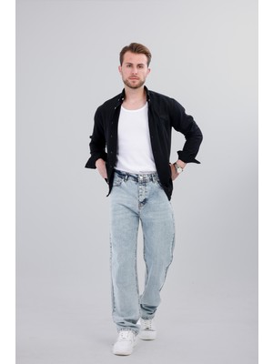 New Time Newtime Erkek Baggy Buz Mavisi %100 Koton Rahat Kesim Kot Pantolon