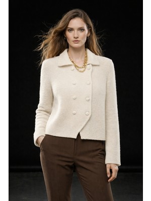 Studio Fashion 1988 Kadın Krem Polo Yaka Düğmeli Çift Kapamalı Triko Hırka