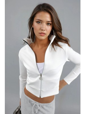 Hiccup Kadın Fermuarlı Slim Fit Sweatshirt Berşan Collection Beyaz