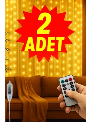 Özbience Renkli Perde Süsleme LED Işık Seti, 3m x 3m, 300 Led, Sarı Işık, 2 Adet