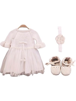 Pacco Baby El Örgüsü %100 Pamuk Ekru 3'lü Ponponlu Tütü Elbise Set