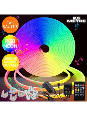 Özbience Esnek 2,5m Rgb Neon LED Işık, Sese ve Müziğe Duyarlı, Kumandalı