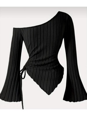 StockMount Kadın Siyah Asimetrik Düşük Omuz Ispanyol Kol Büzgü Detaylı Triko Bluz