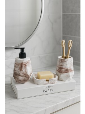 Özbience Şık Mermer Desenli 3 Parça Banyo Seti, Sabunluk ve Diş Fırçalık