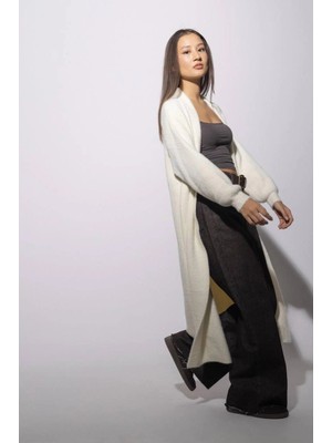 Esila Moda Kadın Vanilya Sakallı Uzun Hırka