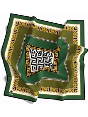 Violla Twill Çizgili Barok Desenli Siyah - Haki Renkli 90X90 Eşarp (Ipek Içermez)