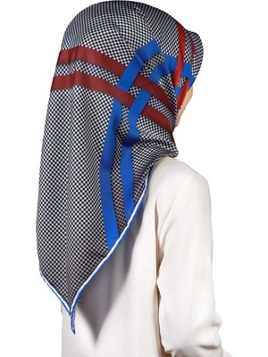 Violla Twill Çizgili Pötikareli Çizgili Desenli Saks Mavisi - Kırmızı Renkli 90X90 Eşarp (Ipek Içermez)