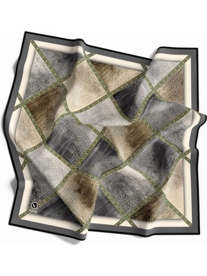 Violla Twill Geometrik Desenli Gri Renkli 90X90 Eşarp (Ipek Içermez) Kenar Dikiş Şekli El Dikişli