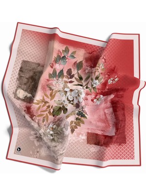 Violla Twill Sonbahar Desenli Nar Çiçeği Renkli 90X90 Eşarp (Ipek Içermez) Kenar Dikiş Şekli El Dikişli