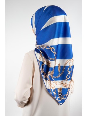 Violla Twill Çizgili Zincir Desenli Saks Renkli 90X90 Eşarp (Ipek Içermez) Kenar Dikiş Şekli El Dikişli