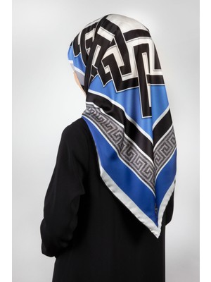 Violla Twill Çizgili Sonsuzluk Düğümü Desenli Saks Mavisi Renkli 90X90 Eşarp (Ipek Içermez)