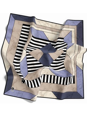 Violla Twill Çizgili Geometrik Mermer Desenli Indigo Renkli 90X90 Eşarp (Ipek Içermez) Kenar Dikiş Şekli El