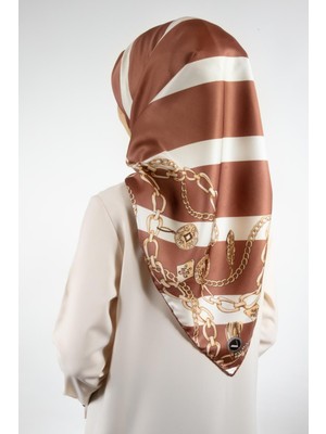Violla Twill Çizgili Zincir Desenli Bakır Renkli 90X90 Eşarp (Ipek Içermez) Kenar Dikiş Şekli El Dikişli
