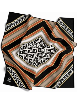 Violla Twill Gold Çerçeveli Antik Desenli Taba Renkli 90X90 Eşarp (Ipek Içermez) Kenar Dikiş Şekli El Dikiş