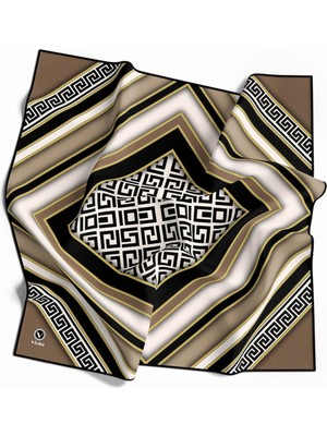 Violla Twill Gold Çerçeveli Antik Desenli Bej Renkli 90X90 Eşarp (Ipek Içermez) Kenar Dikiş Şekli El Dikişl
