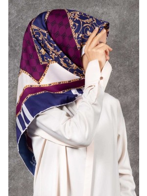 Violla Twill Ekoseli Gold Desenli Lacivert - Mürdüm Renkli 90X90 Eşarp (Ipek Içermez) Kenar Dikiş Şekli El