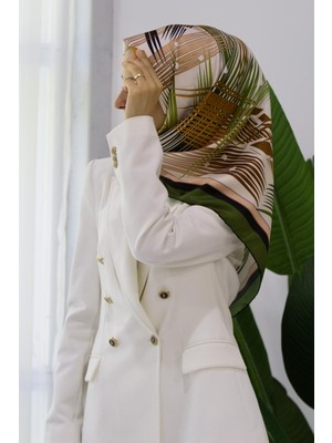 Violla Twill Geometrik Desenli Haki - Hardal Renkli 90X90 Eşarp (Ipek Içermez) Kenar Dikiş Şekli El Dikişli
