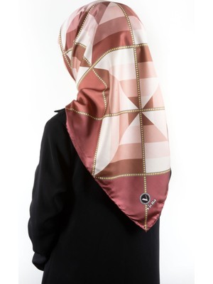 Violla Twill Geometrik Desenli Gül Kurusu Renkli 90X90 Eşarp (Ipek Içermez) Kenar Dikiş Şekli El Dikişli