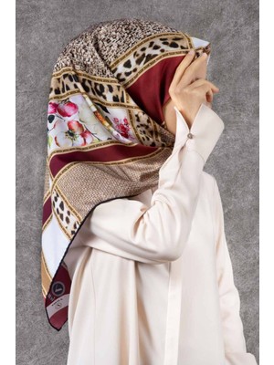 Violla Twill Leopar ve Çiçek Desenli Bordo - Bej Renkli 90X90 Eşarp (Ipek Içermez) Dikim Şekli : El Dikişi