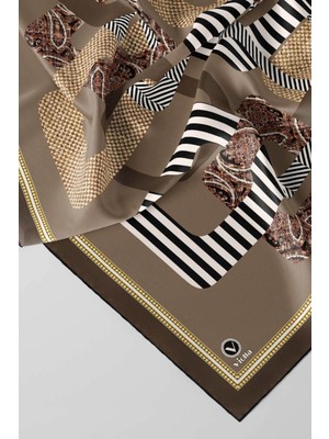 Violla Twill Geometrik Desenli Bej Renkli 90X90 Eşarp (Ipek Içermez) Kenar Dikiş Şekli El Dikişli