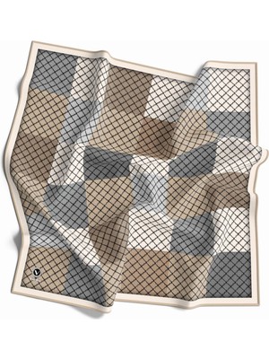Violla Twill Kare Desenli Bej Renkli 90X90 Eşarp (Ipek Içermez) Kenar Dikiş Şekli El Dikişli