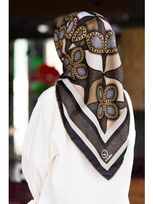 Violla Twill Zincir Desenli Bej Renkli 90X90 Eşarp (Ipek Içermez) Kenar Dikiş Şekli El Dikişli