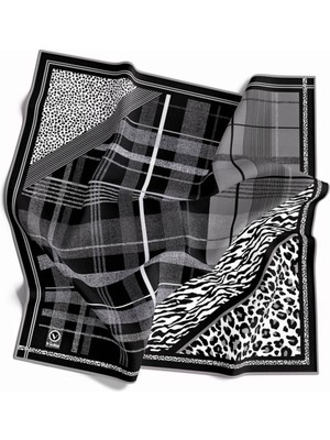 Violla Kristal Ekose ve Leopar Desenli Gri Renkli 90X90 Eşarp (Ipek Içermez) Kenar Dikiş Şekli El Dikişli