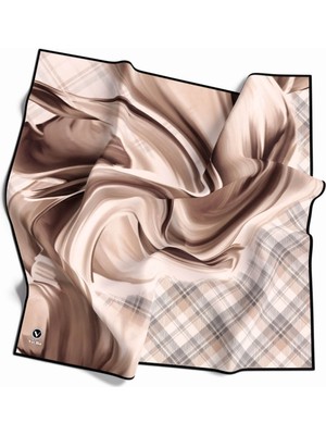 Violla Twill Dalga ve Ekose Desenli Bej Renkli 90X90 Eşarp (Ipek Içermez)Kenar Dikiş Şekli El Dikişli