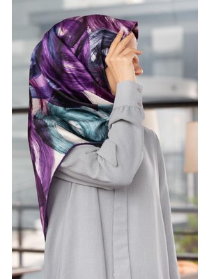 Violla Twill Fırça Efektli Desenli Mor Renkli 90X90 Eşarp (Ipek Içermez) Kenar Dikiş Şekli El Dikişli