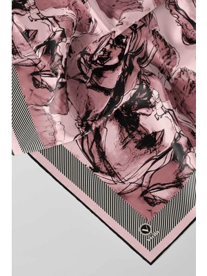 Violla Twill Gül Yaprak Desenli Pudra Renkli 90X90 Eşarp (Ipek Içermez) Kenar Dikiş Şekli El Dikişli