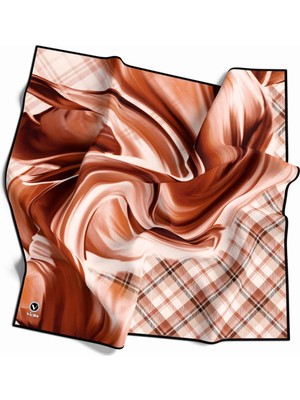 Violla Twill Dalga ve Ekose Desenli Taba Renkli 90X90 Eşarp (Ipek Içermez)Kenar Dikiş Şekli El Dikişli