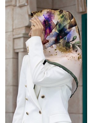 Violla Kristal Çiçek Desenli Krem - Petrol Yeşili Renkli 90X90 Eşarp (Ipek Içermez) Dikim Şekli : El Dikişi