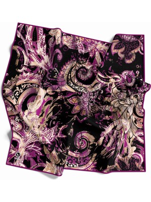 Violla Twill Şal Desenli Mürdüm Renkli 90X90 Eşarp (Ipek Içermez) Kenar Dikiş Şekli El Dikişli