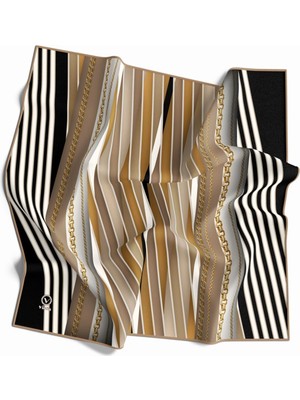 Violla Kristal Zincirli ve Çizgili Desenli Bej Renkli 90X90 Eşarp (Ipek Içermez) Kenar Dikiş Şekli El Dikiş