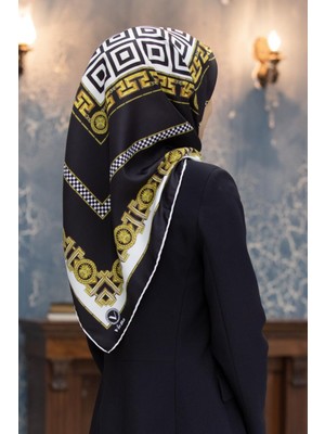 Violla Twill Çizgili Barok Desenli Siyah - Krem Renkli 90X90 Eşarp (Ipek Içermez)